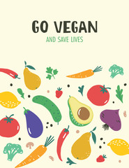 Vector template with vegetables and fruit. Vegan concept. 