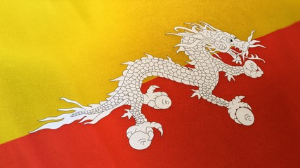 locked full-screen close shot of the national flag of Bhutan seamlessly waving in the wind. The banner/emblem is made of realistic satin texture and rendered in a daylight situation.