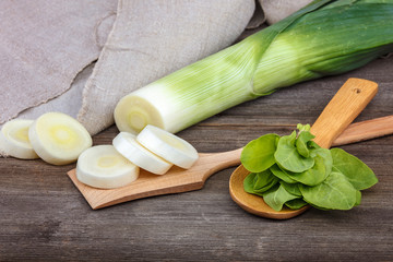 Onion green fresh on a wooden background