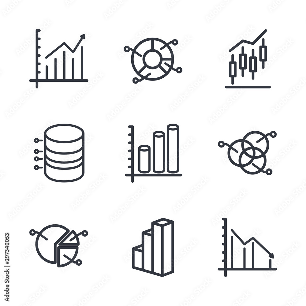 Fototapete Set of Charts and Diagrams icon template color editable. Dot Plot, 3D Chart, Trend and more symbol vector sign isolated on white background vector illustration for graphic and web design.
