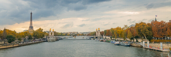 Eiffel Tower and Pont Alexandre III bridge in Autumn, Paris in the Fall