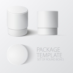 Set of realistic white round package box for products, isolated on white background, vector illustration. EPS 10