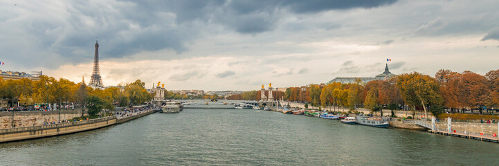 Eiffel Tower and Pont Alexandre III bridge in Autumn, Paris in the Fall