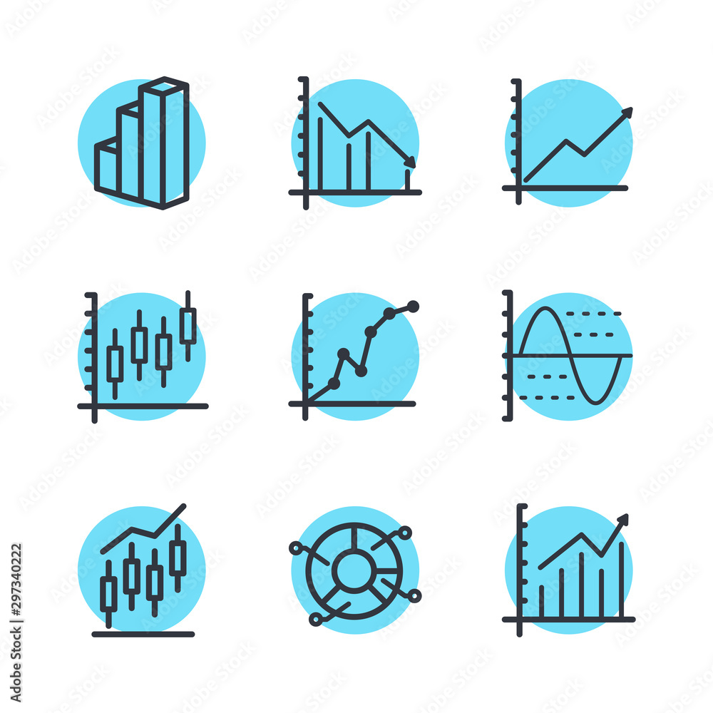 Aufkleber Set of Charts and Diagrams icon template color editable. Dot Plot, 3D Chart, Trend and more symbol vector sign isolated on white background vector illustration for graphic and web design.