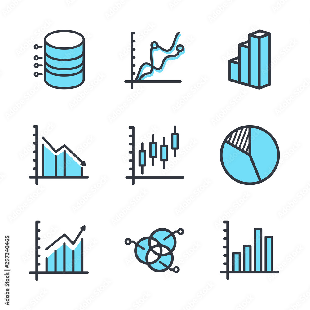 Aufkleber Set of Charts and Diagrams icon template color editable. Dot Plot, 3D Chart, Trend and more symbol vector sign isolated on white background vector illustration for graphic and web design.