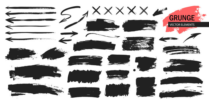 Set of black paint, ink brush strokes, arrows, crosses. Dirty artistic design elements, boxes, frames for text