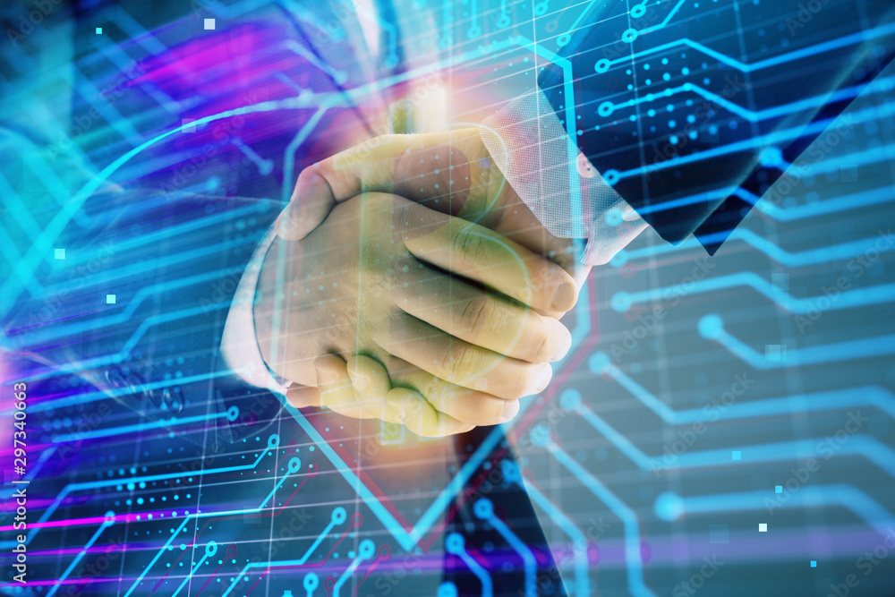 Aufkleber multi exposure of bitcoin sign on abstract background with two men handshake. concept of cryptocurre