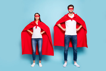 Full length body size view of his he her she nice attractive content serious couple wearing red...