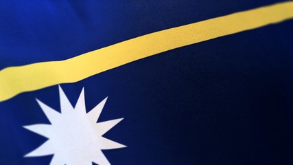 Obraz premium 3D rendering of the national flag of Nauru waving in the wind. The banner/emblem is made of realistic satin texture and rendered in a daylight situation. 