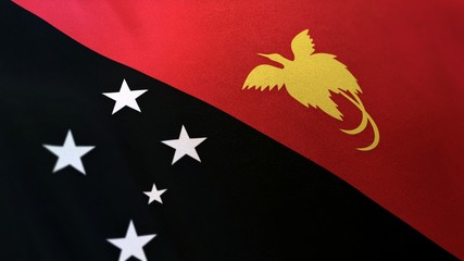 3D rendering of the national flag of Papua New Guinea waving in the wind. The banner/emblem is made of realistic satin texture and rendered in a daylight situation. 