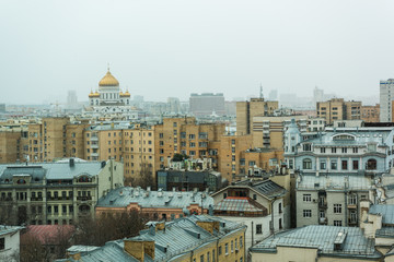 Aerial view of Moscow with the building of Cathedral of Christ the Saviour in a snowy day in April  in Moscow, Russia
