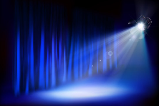 Theater stage podium during the show. Blue curtain. Theatrical performance. Vector illustration.