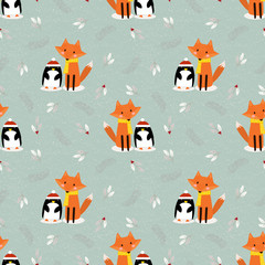 Cute fox and penguin in Christmas season seamless pattern