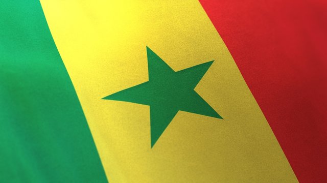 3D rendering of the national flag of Republic of Senegal waving in the wind. The banner/emblem is made of realistic satin texture and rendered in a daylight situation. 