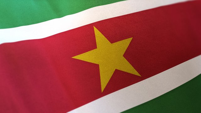 locked full-screen close shot of the national flag of Suriname waving in the wind. The 3D rendering banner/emblem is made of realistic satin texture and rendered in a daylight situation. 