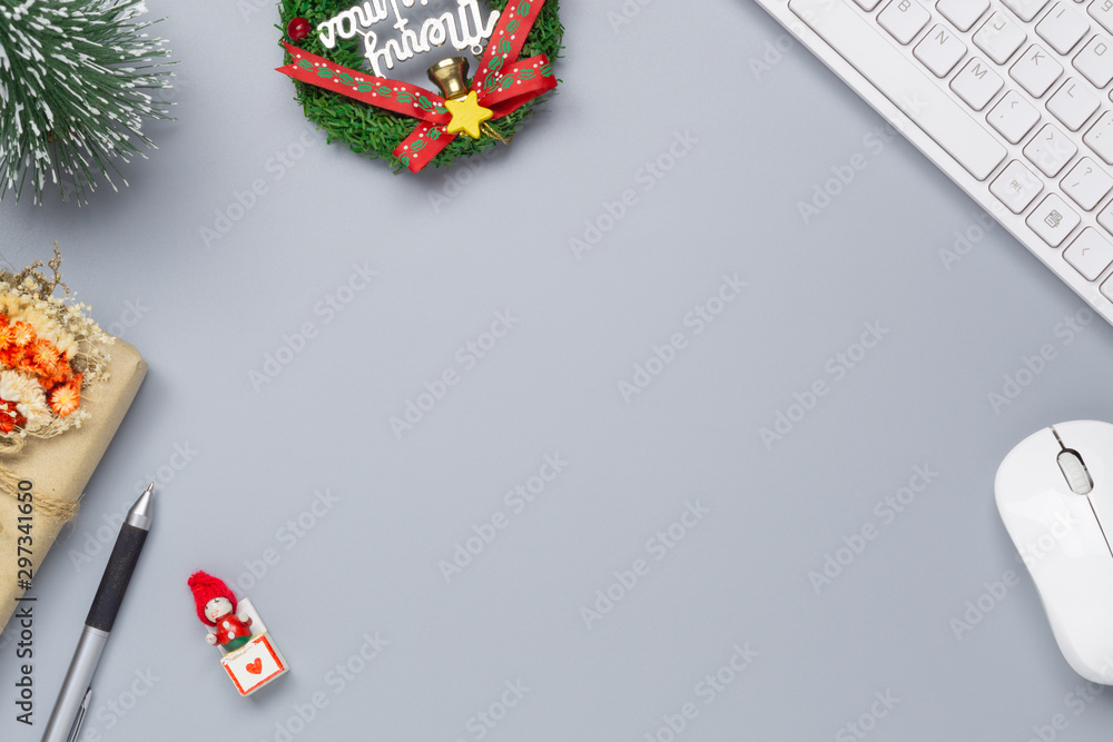 Poster merry christmas and happy new years office work space desktop concept. flat lay top view with keyboa