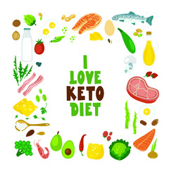 Keto diet flat hand drawn typography. Ketogenic eating. Quote, phrase with multicolor words, cartoon stylized lettering.  Healthy nutrition isolated poster, banner design element.