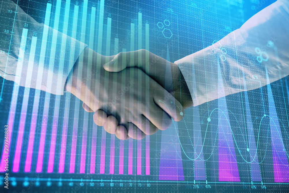 Poster multi exposure of forex graph on abstract background with two businessmen handshake. concept of succ
