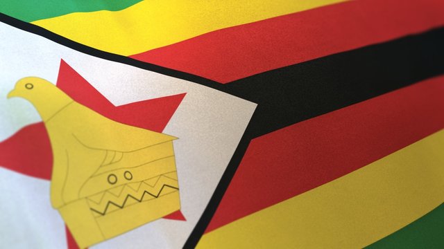 locked full-screen close shot of the national flag of Zimbabwe waving in the wind. The 3D rendering banner/emblem is made of realistic satin texture and rendered in a daylight situation. 