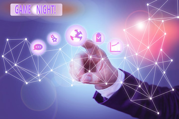 Word writing text Game Night. Business photo showcasing usually its called on adult play dates like...