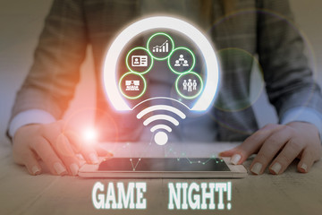 Word writing text Game Night. Business photo showcasing usually its called on adult play dates like...