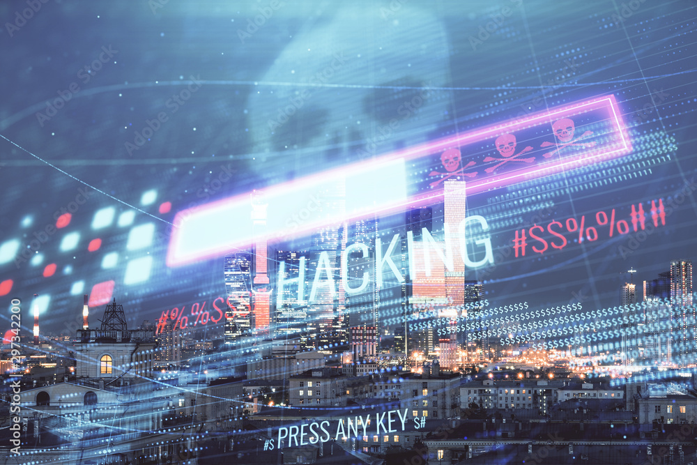 Poster double exposure of hacking theme drawing hologram on cityscape background. concept of data cyber pir