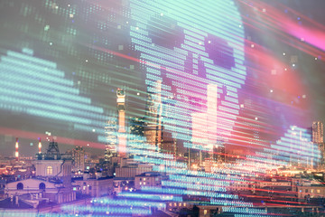Double exposure of hacking theme drawing hologram on cityscape background. Concept of data cyber piracy
