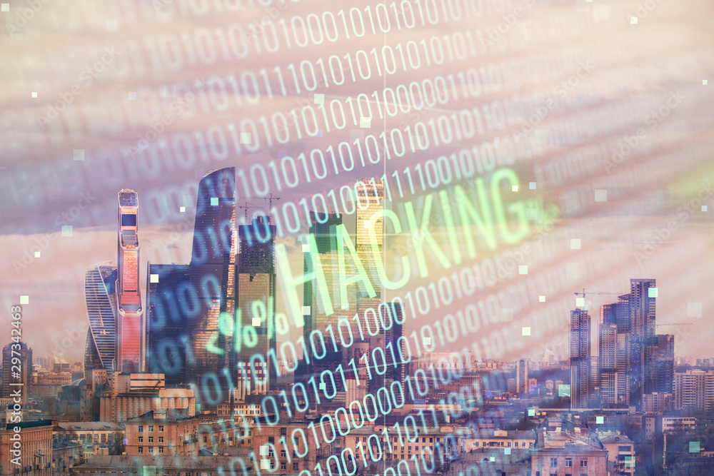 Poster double exposure of hacking theme drawing hologram on cityscape background. concept of data cyber pir