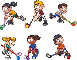 Cartoon boys and girls playing floorball clip art. Vector illustration with simple gradients. Each on a separate layer. 