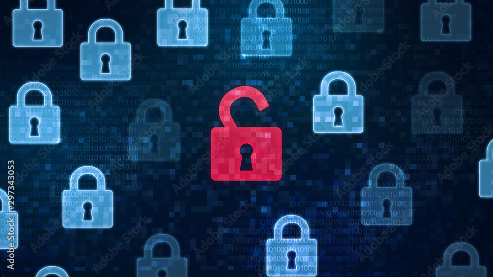 Poster red open padlock icon among closed padlocks on digital screen