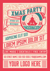 Christmas party invitation retro typography and ornament decoration. Christmas holidays flyer or poster design.