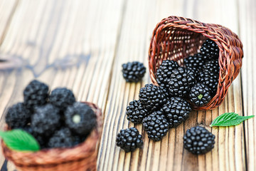 Fresh blackberries in wicker basket on wooden old table. Ripe black forest fruits with leaves.