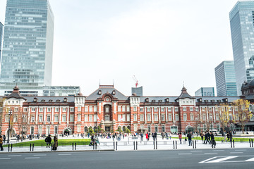 TOKYO, JAPAN - March 25 2019: Tokyo Station in Tokyo, Japan. Open in 1914, a major a railway station near the Imperial Palace grounds and Ginza commercial district