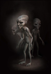Fototapeta na wymiar Three grey aliens on the dark background. 3 d illustration. Digital art.