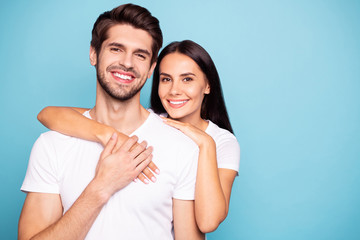 Fototapeta premium Close-up portrait of his he her she nice-looking attractive charming lovely cute sweet cheerful cheery couple hugging isolated over bright vivid shine vibrant blue green turquoise background