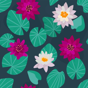 Flowering water lilies seamless pattern. Beautiful floral background with water plants in hand-drawn style. Wallpaper, print, texture in Oriental style. White and pink Lotus flowers top view. Vector.