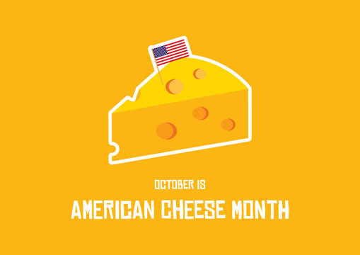 American Cheese Month vector. Cheese vector icon on a yellow background. Piece of cheese with american flag vector. October is American Cheese Month
