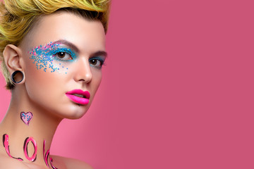 Beautiful girl look in pop art style with inscription love