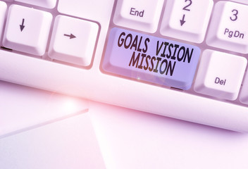 Writing note showing Goals Vision Mission. Business concept for practical planning process used to...