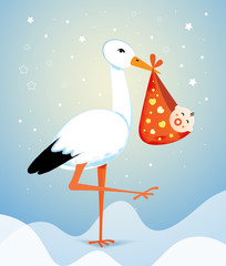 Cute baby background with stork. Stork  with baby in cartoon style  on blue background 