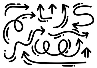 Abstract monoline Vector Arrows set. Doodle hand made marker style. Isolated Sketch bundle illustration for note, business plan, graphic presentation