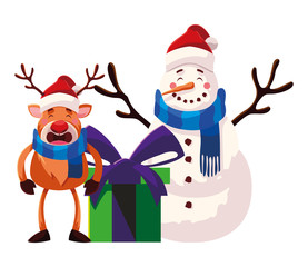 snowman and reindeer with gift box on white background