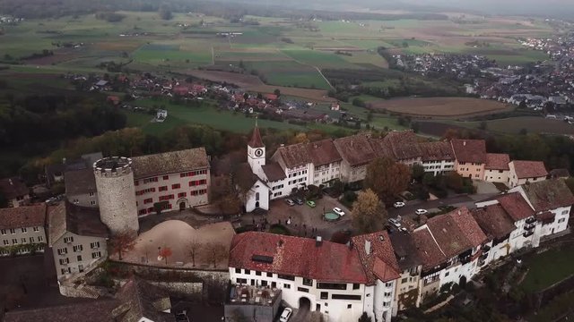 Aerial top down view showing oldtown and castle architecture in switzerland
