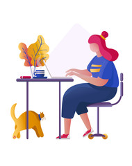 Freelancer woman working at home office. Character typing at computer. The girl sits on a chair at the table and does business online on a laptop. Vector illustration.