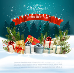 Christmas holiday background with presents on a sleigh and Santa Claus. Vector illustration