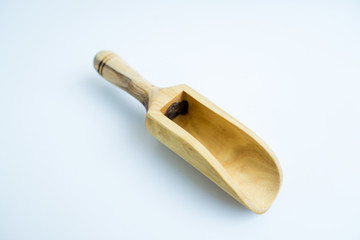Traditional wood object wooden scoop or spoon isolated on a white background from various angle and...