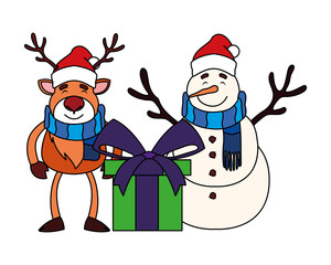 snowman and reindeer with gift box on white background