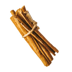 a bunch of sticks of fragrant aromatic cinnamon isolated on white. Very pleasant taste when cinnamon can be added to coffee or any drink. Cinnamon is neatly tied with a fluffy thread. nice seasoning