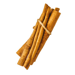 a bunch of sticks of fragrant aromatic cinnamon isolated on white. Very pleasant taste when cinnamon can be added to coffee or any drink. Cinnamon is neatly tied with a fluffy thread. nice seasoning