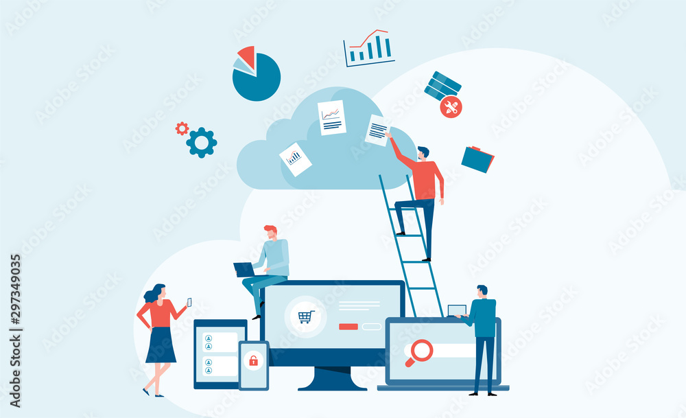 Poster business technology cloud computing service concept and with developer team working concept